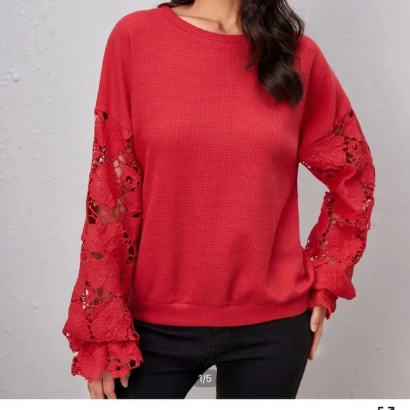 Drop shoulder lace sleeve pullover - Picture 5 of 7